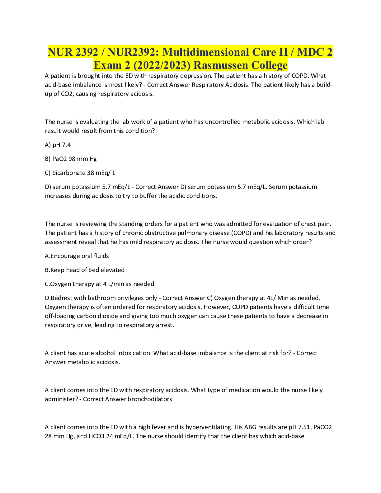 Preview image for NUR 2392 / NUR2392: Multidimensional Care II / MDC 2 Exam 2 (2022/2023) Rasmussen College